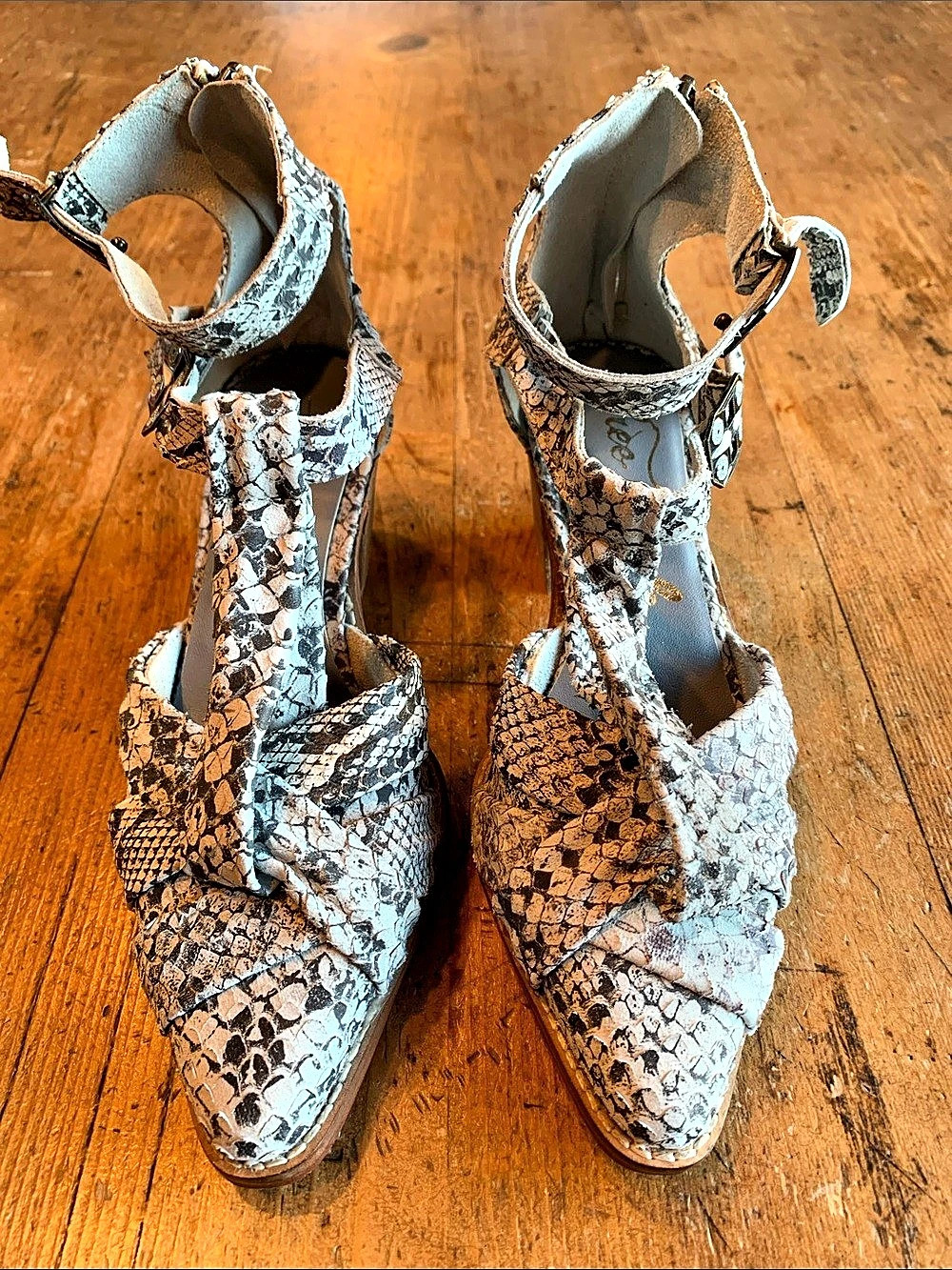 Free People Snake Print Block Heel Strapy Pumps